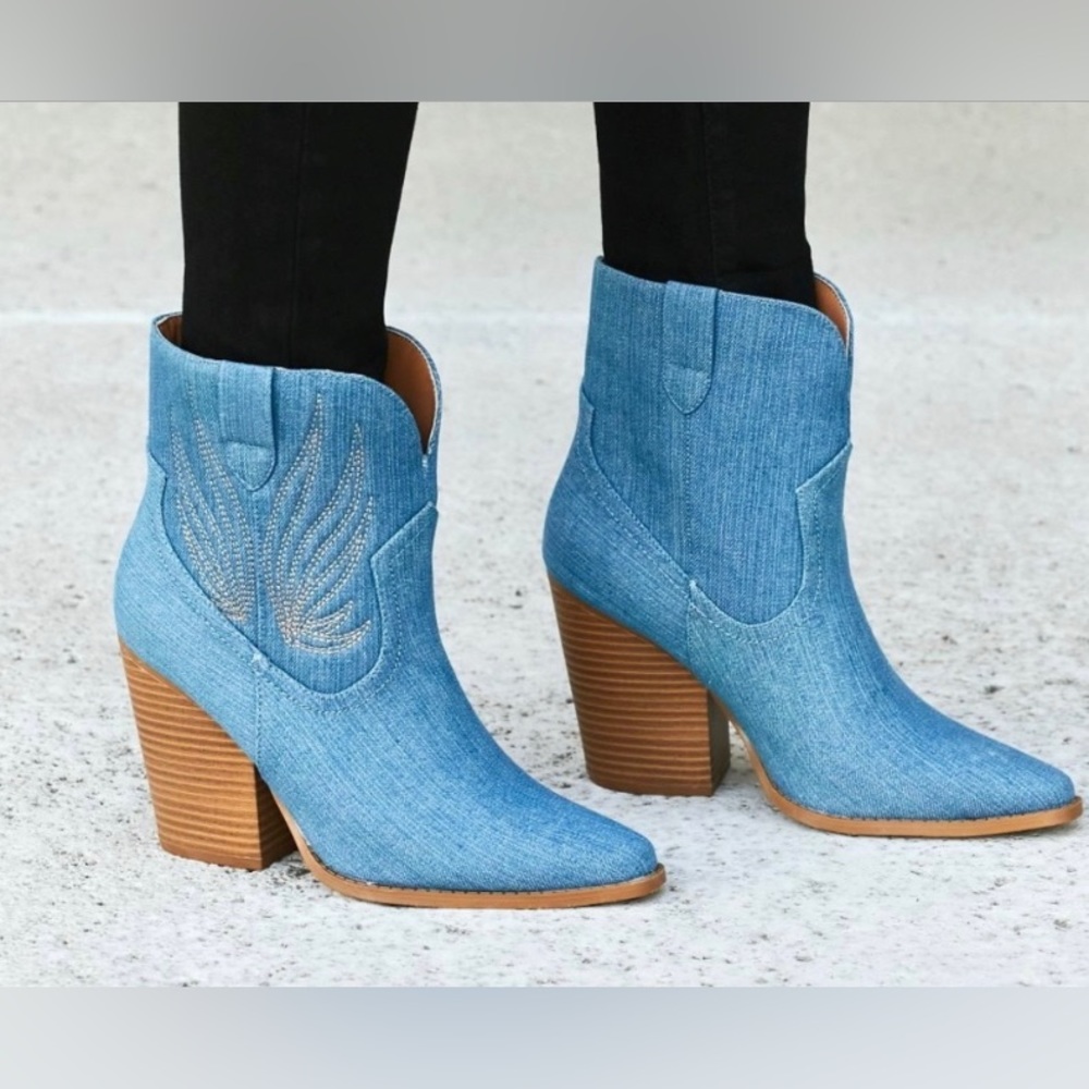 Sky Blue Western Heeled Ankle Boots Denim